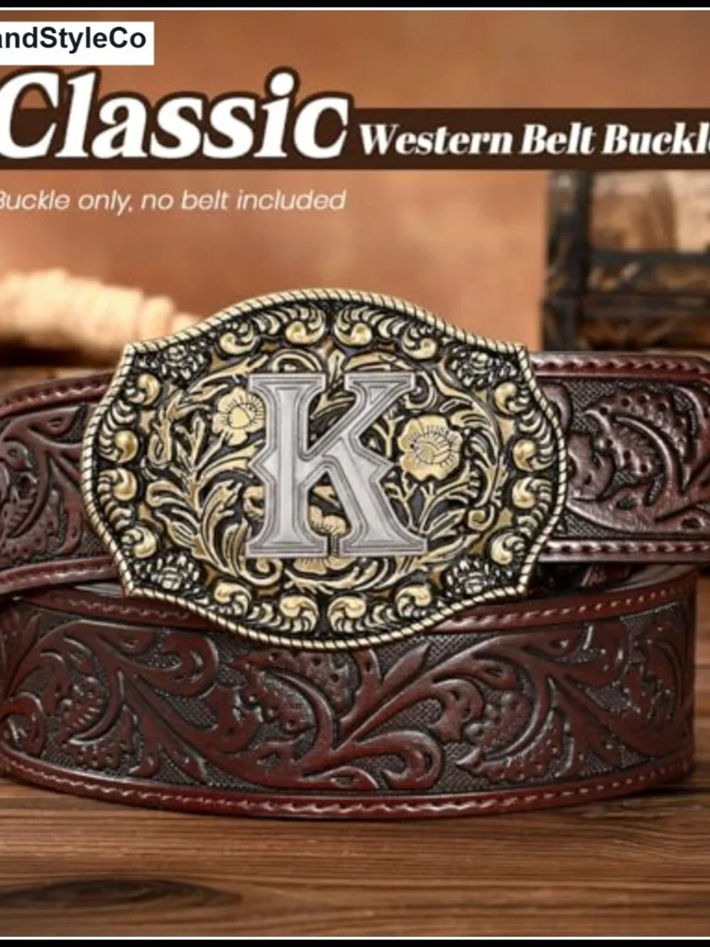 Western Belt Buckle Initial K Cowboy Rodeo Floral Metal Alloy for Men Women